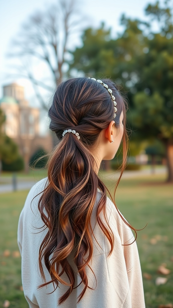 A woman showing an undone ponytail hairstyle adorned with a chic headband, set against a natural background.