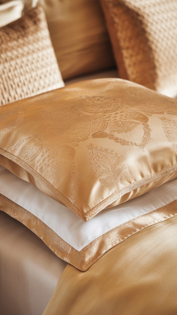 Close-up of silk pillowcases in gold tones, showing texture and design.