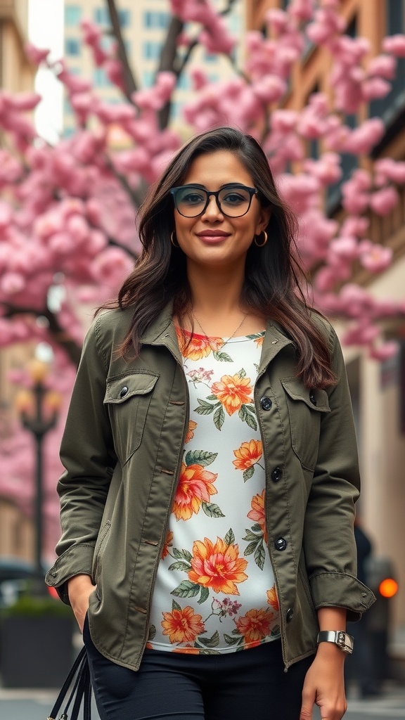 A woman wearing an olive utility jacket over a floral top, standing under cherry blossom trees.