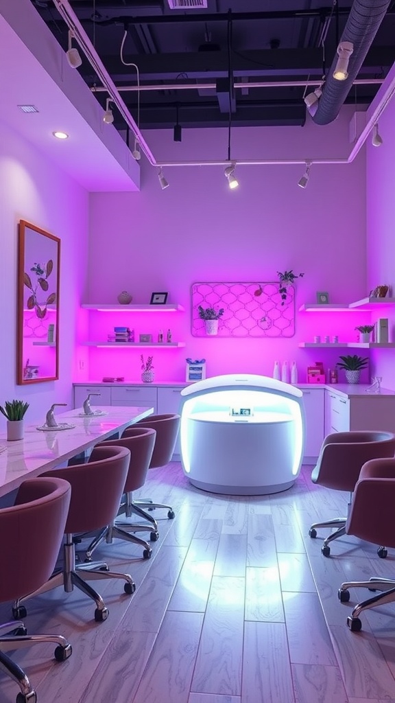 A bright and inviting nail salon interior with pink lighting and modern decor.