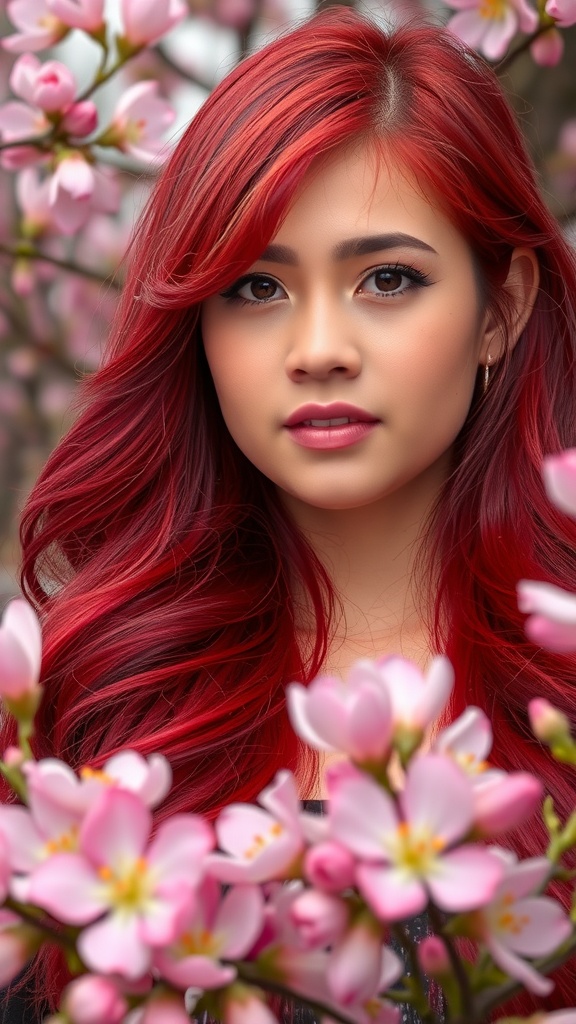 A woman with vibrant cherry red waves standing among pink flowers.