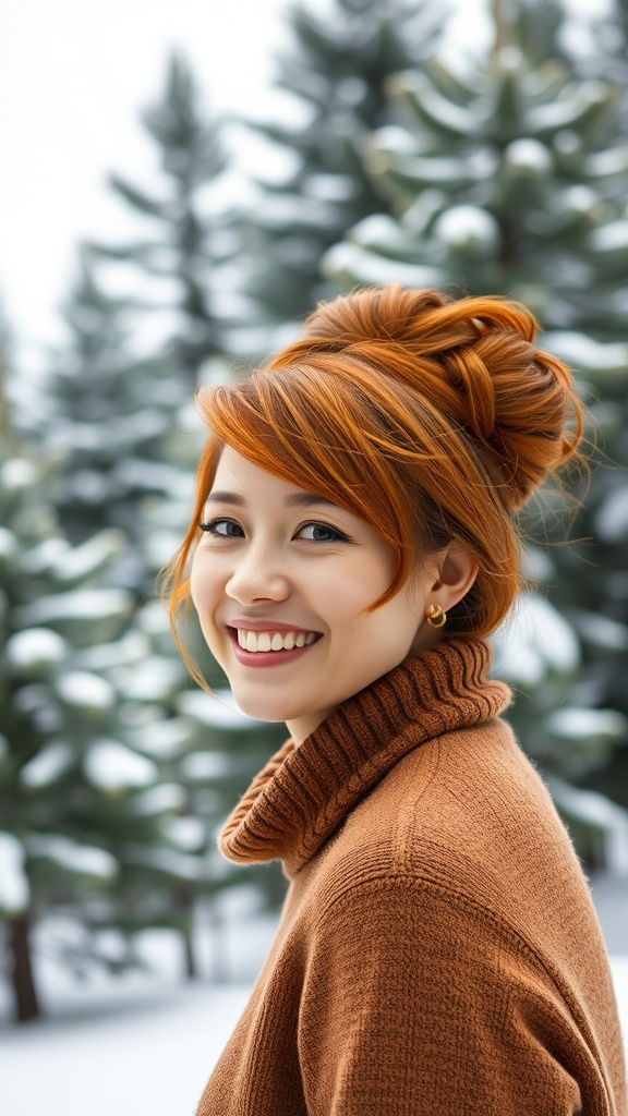 A woman with vibrant copper hair, smiling amidst a snowy backdrop, wearing a cozy brown sweater.