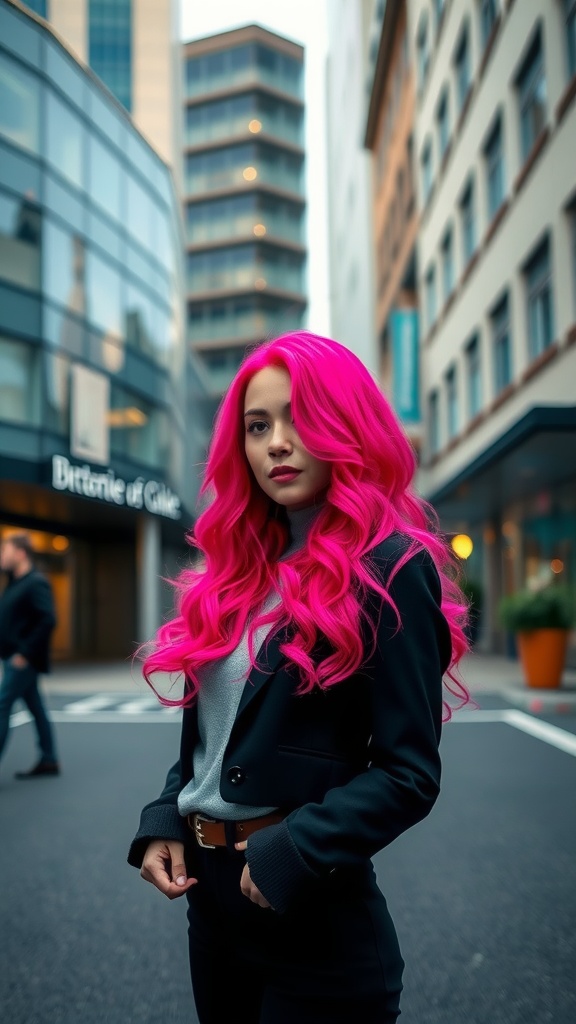 A woman with vibrant hot pink waves stands confidently in the city.