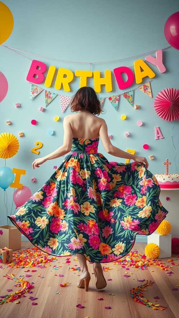 A woman in a vibrant floral maxi dress celebrating with a birthday theme in the background.