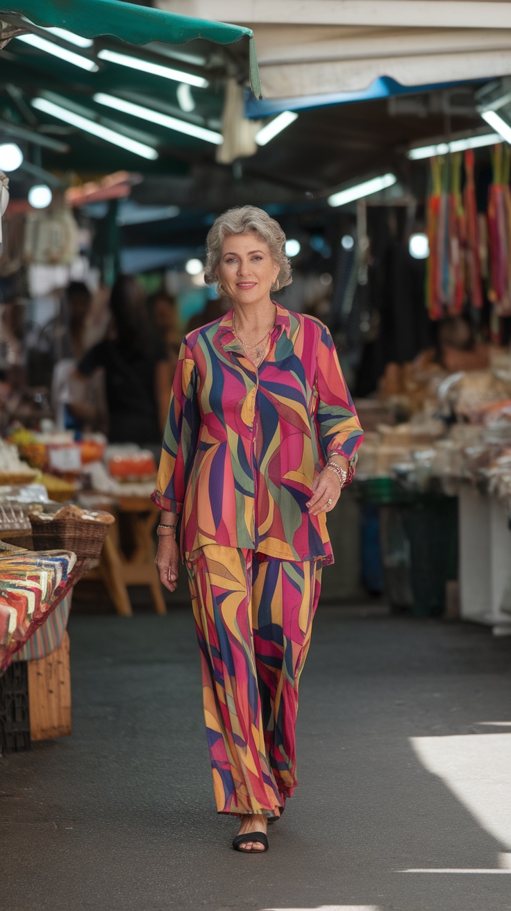 A woman over 50 wearing a colorful patterned outfit, walking confidently through a market.