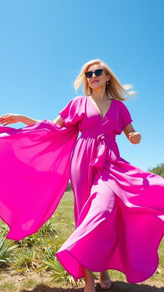 A woman in a vibrant pink wrap dress twirling in a sunny outdoor setting.