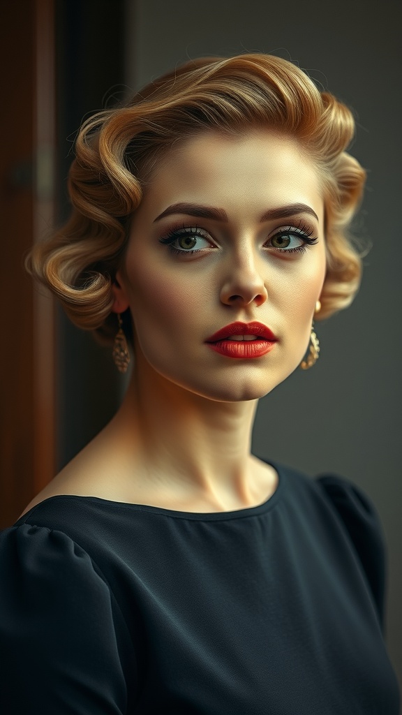 A woman with vintage finger waves hairstyle, wearing bold makeup and earrings, exuding elegance.