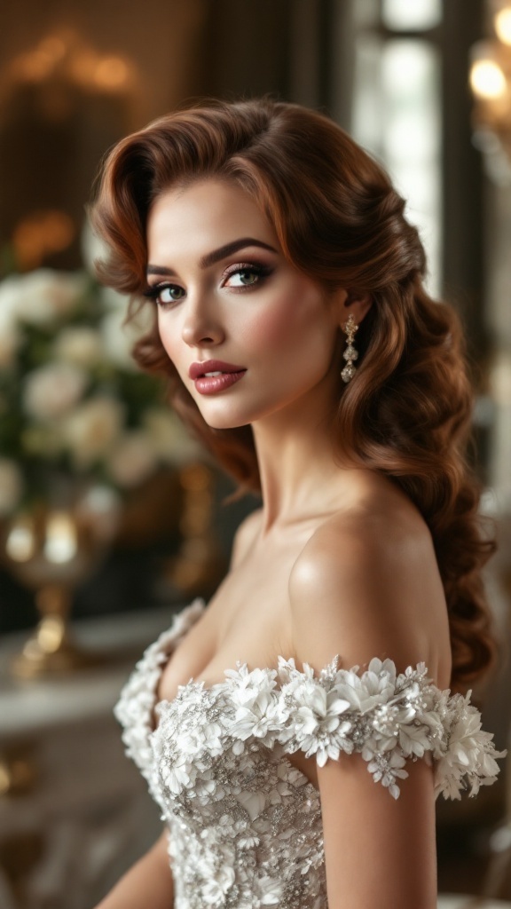 A bride with vintage Hollywood waves hairstyle, wearing an off-the-shoulder wedding dress with floral embellishments.