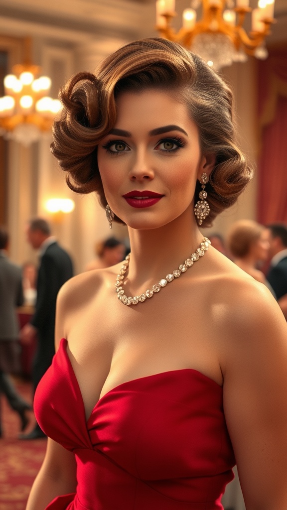 A woman with vintage Hollywood waves hairstyle, wearing a red dress and elegant jewelry.