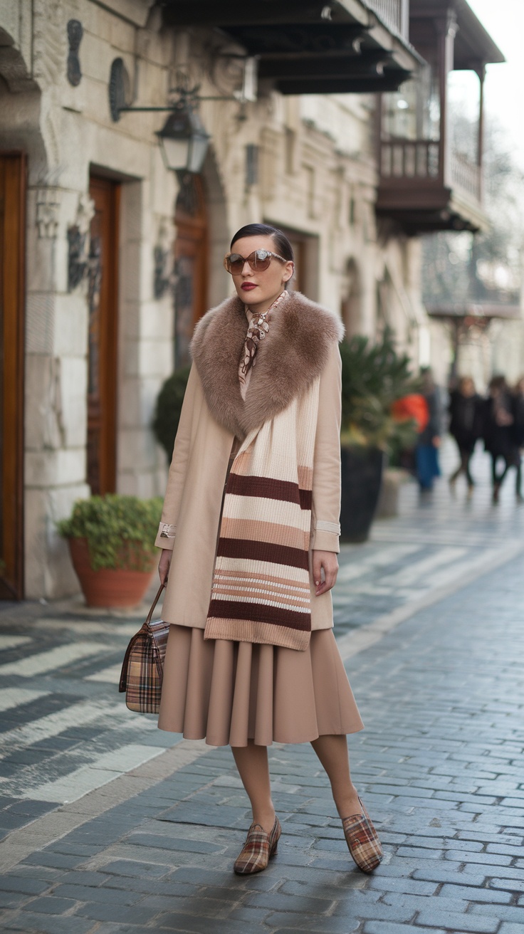 A woman wearing a vintage inspired outfit with a fluffy collar coat, pleated skirt, plaid handbag, and shoes, set on a charming street.