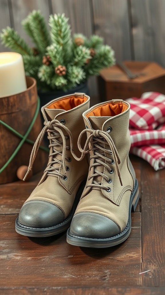 Vintage inspired lace-up boots on a wooden table with winter decor