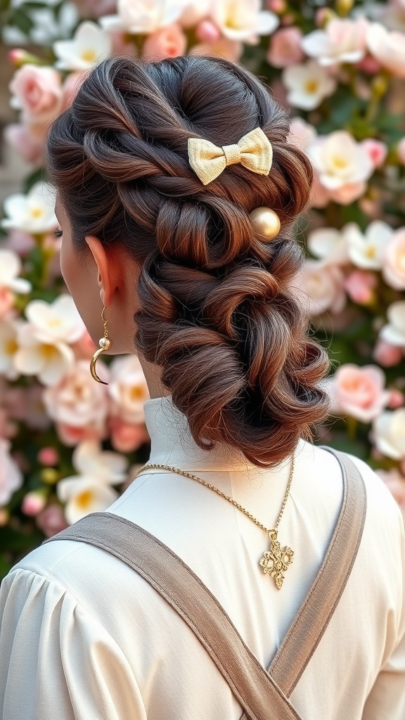 A stylish vintage-inspired ponytail adorned with a bow and pearls, set against a backdrop of blooming flowers.