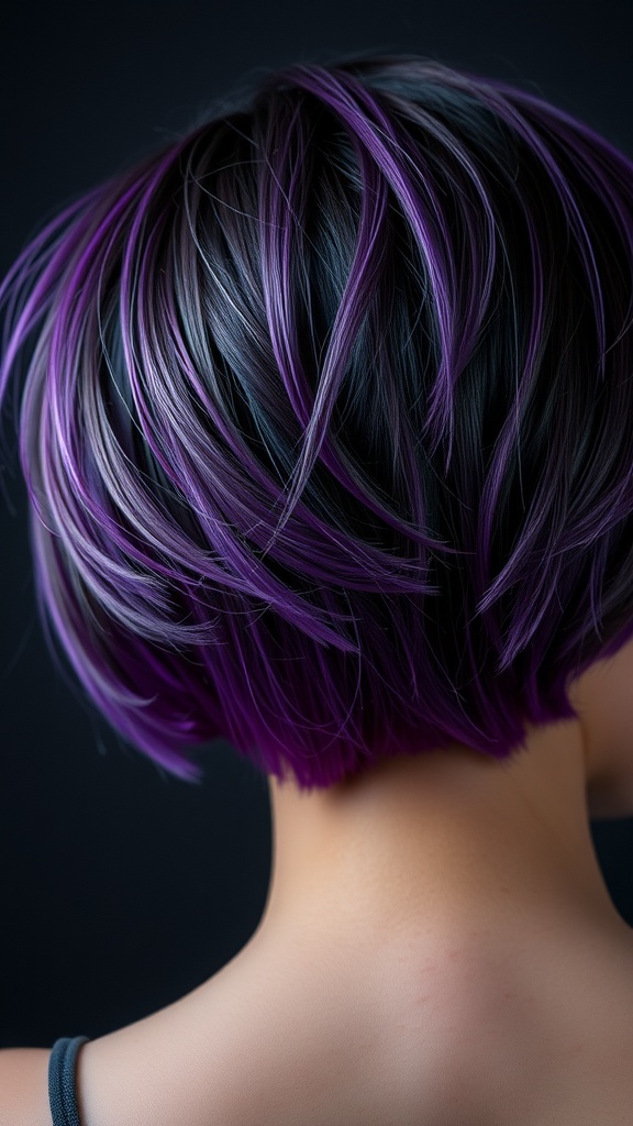 Short hair with a vivid purple underlayer, showing dark hair on top and vibrant purple underneath.