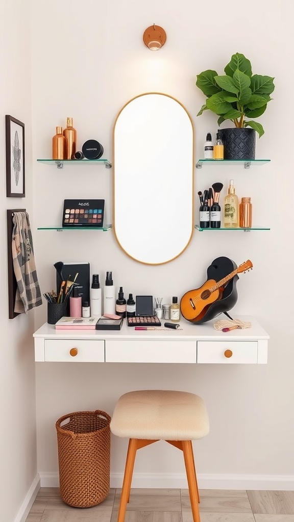 A stylish wall-mounted vanity with a mirror, organized shelves, and a cozy stool