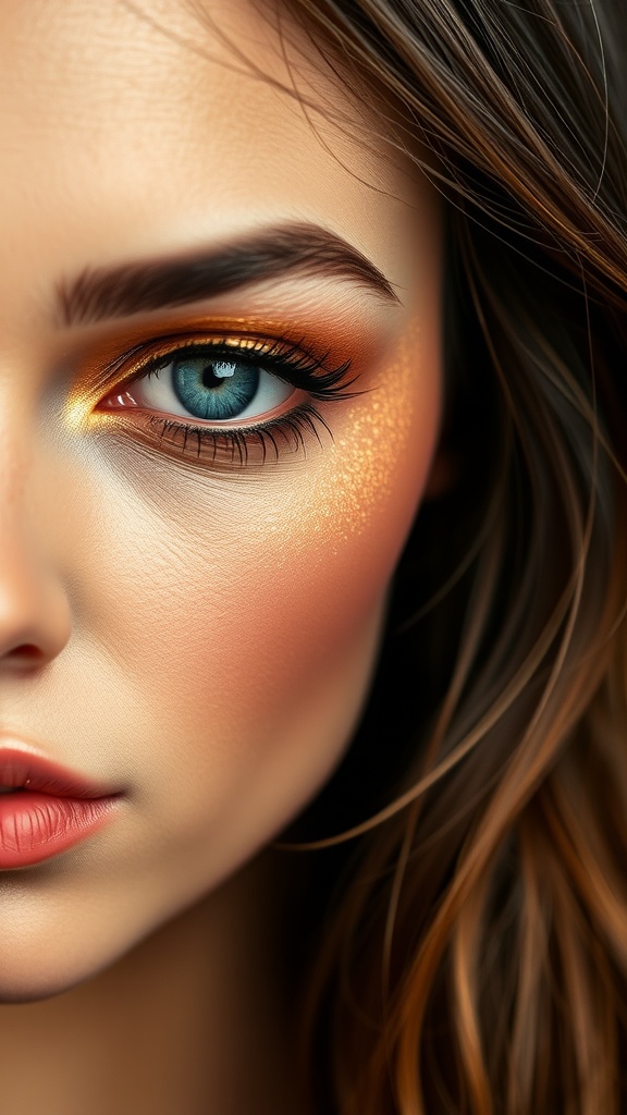 Close-up of a model showcasing a warm bronze smoky eye makeup look.