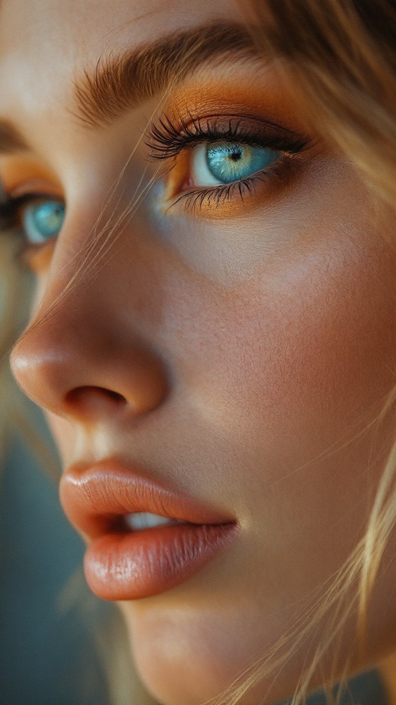 Close-up of a woman with blue eyes and warm copper and bronze eye makeup