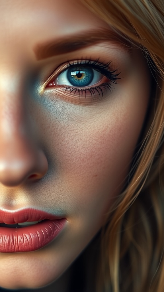 Close-up of a woman with blue eyes and a warm copper smoky eye makeup look.