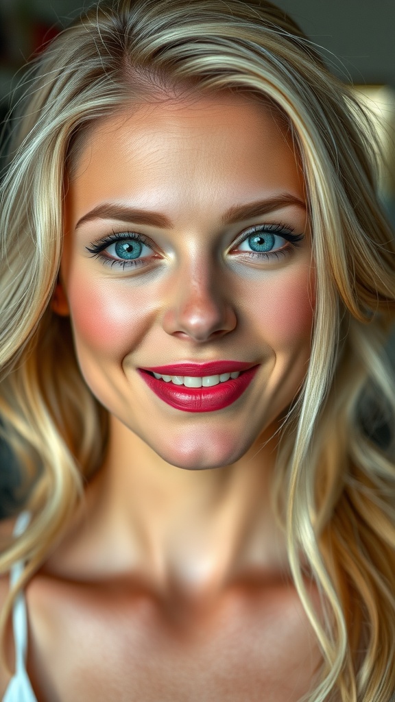 A woman with blonde hair and blue eyes smiling, showcasing a warm coral lip and blush makeup.