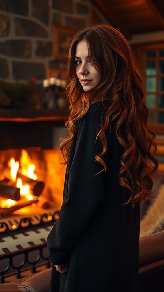 A woman with warm honey caramel hair styled in soft waves, standing near a cozy fireplace.