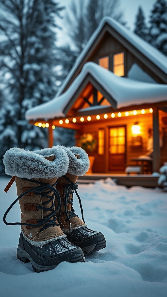 A pair of warm insulated winter booties in the snow in front of a cozy cabin