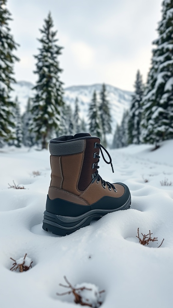 A pair of waterproof hiking boots on a snowy landscape with trees in the background.