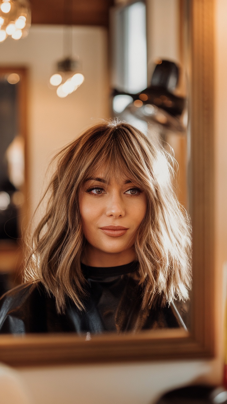 A woman with a wavy chin-length haircut and feathered bangs, looking into a mirror.