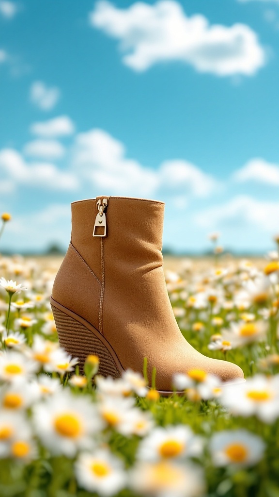 A pair of stylish wedge boots surrounded by blooming flowers on a sunny day.