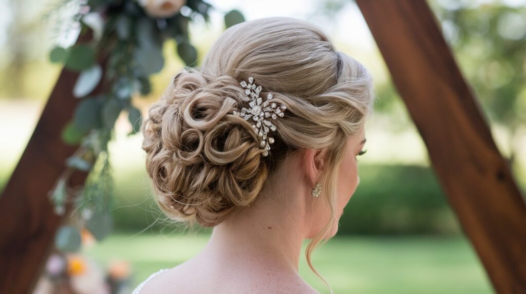 A photo of a bride with her hair styled in a vintage updo. Her hair is adorned with a pearl and diamond hairpin. The background is a wooden arch with greenery and flowers. The lighting is soft.