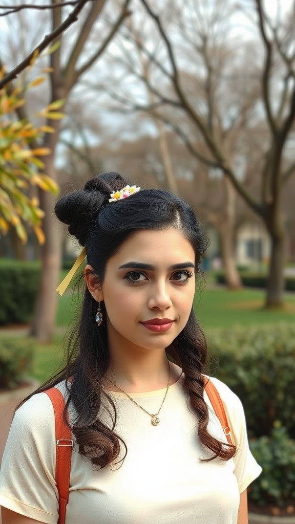 A young woman with a whimsical twisted half-up hairstyle, featuring floral accessories and soft curls.