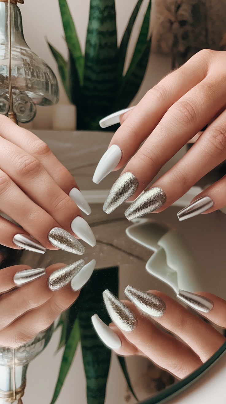 Nails featuring a white and silver metallic design, displayed on a reflective surface with a plant in the background.