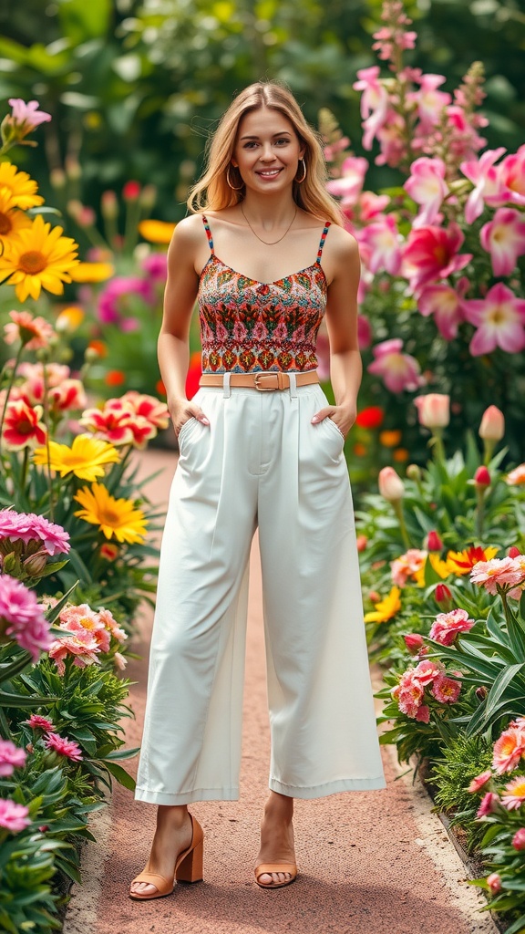 A woman wearing white culottes and a colorful camisole stands in a flower garden.