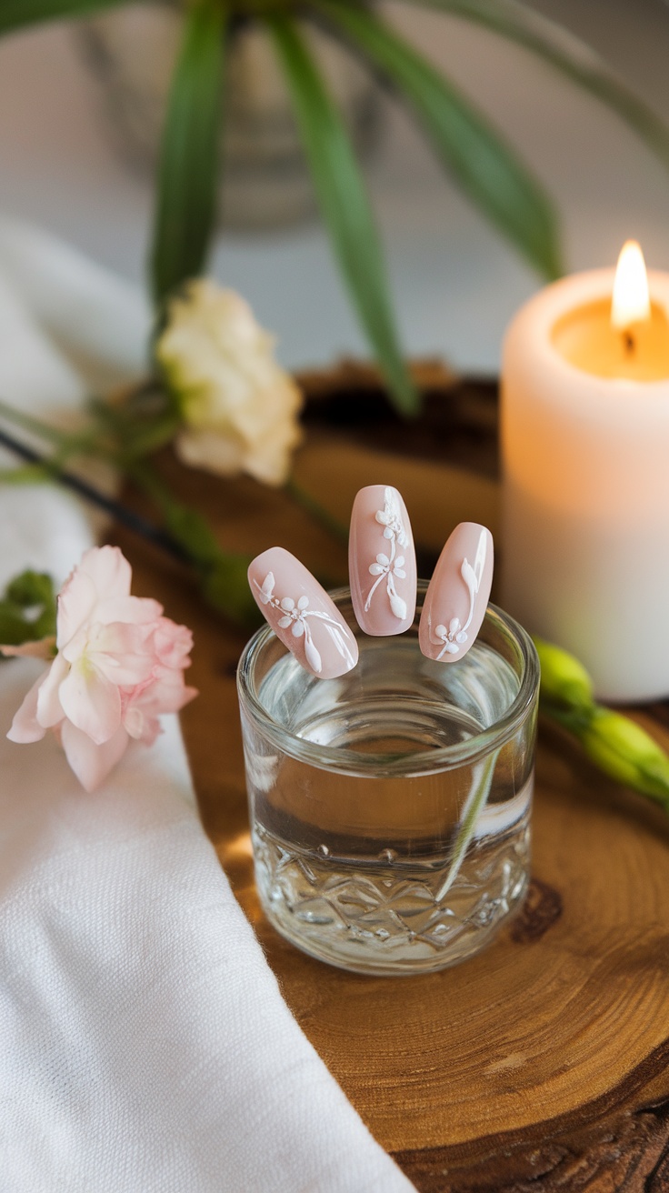 Nail art with white floral designs on pale pink nails, displayed in a glass on a wooden surface with flowers and a candle in the background.