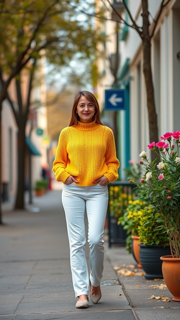 A woman walking in white jeans and a bright yellow knit top in a lively street.