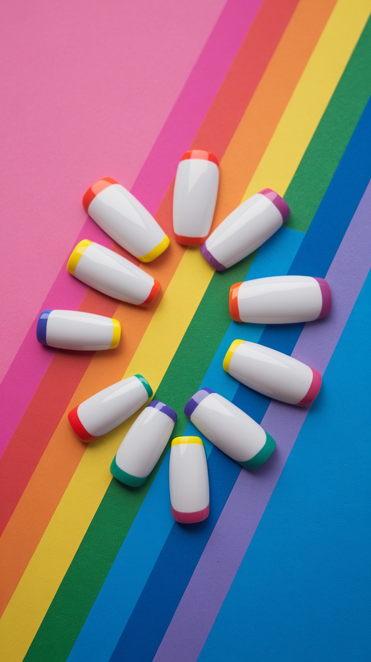 A display of white nails with colorful tips arranged on a rainbow background.