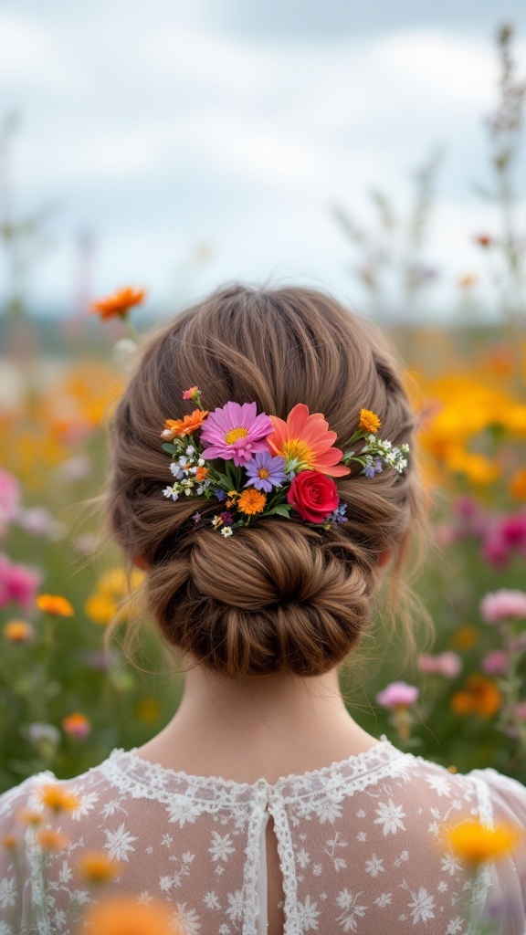 A woman with a wildflower-inspired loose updo, featuring colorful flowers tucked into her hair, set against a vibrant flower field.