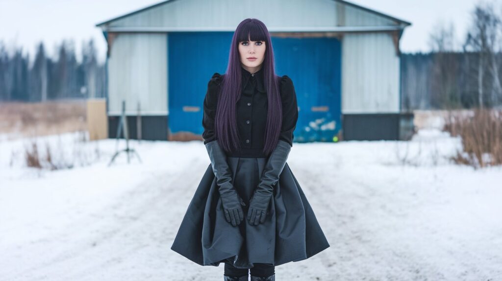 A woman with long, straight, dark purple hair wearing a black dress and standing outdoors in a snowy winter landscape. She has on black leather gloves and boots. The background reveals a building with a blue door. The ground is covered in snow.