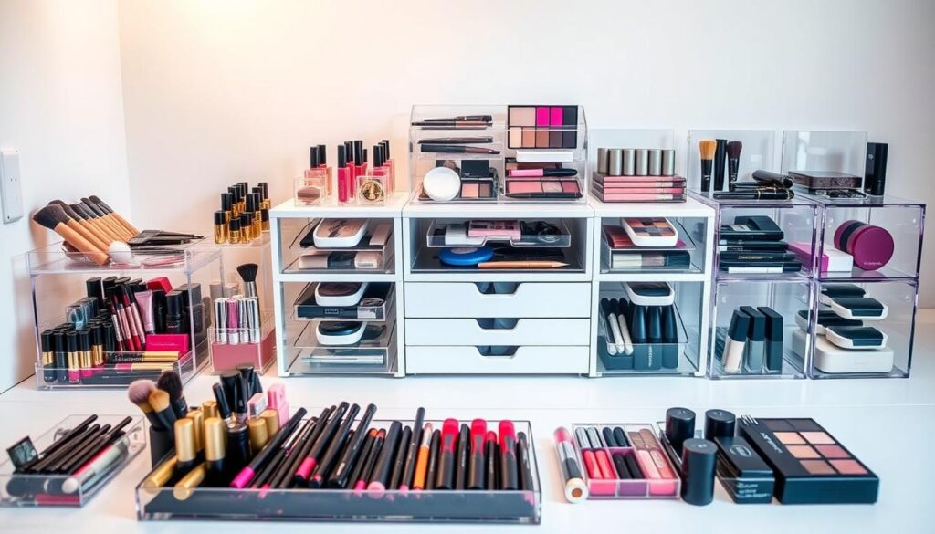 Makeup organizing tools and storage containers for vanity setups