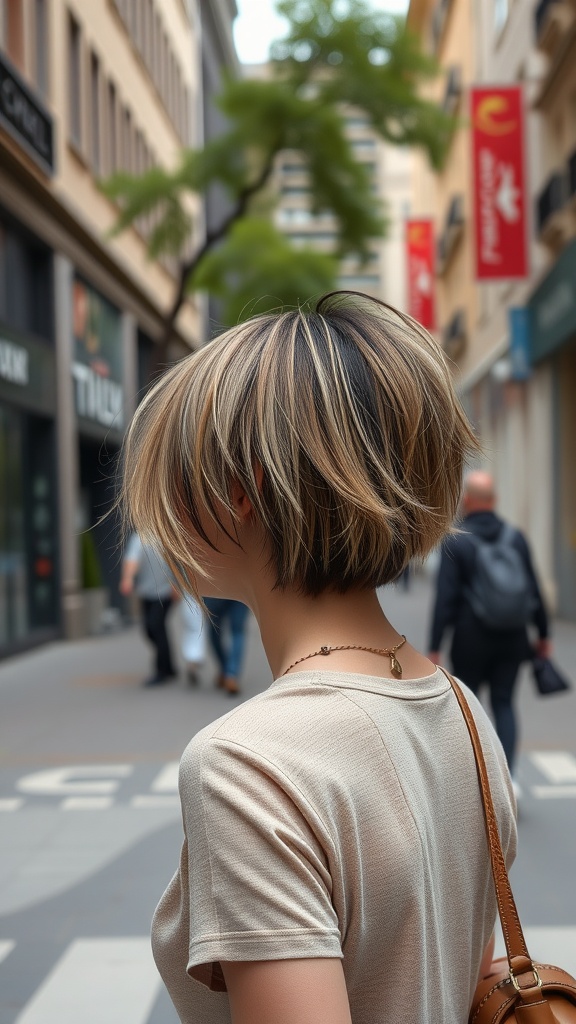 A woman with asymmetrical butterfly layers hairstyle, showcasing a blend of light and dark hair colors while walking down a city street.