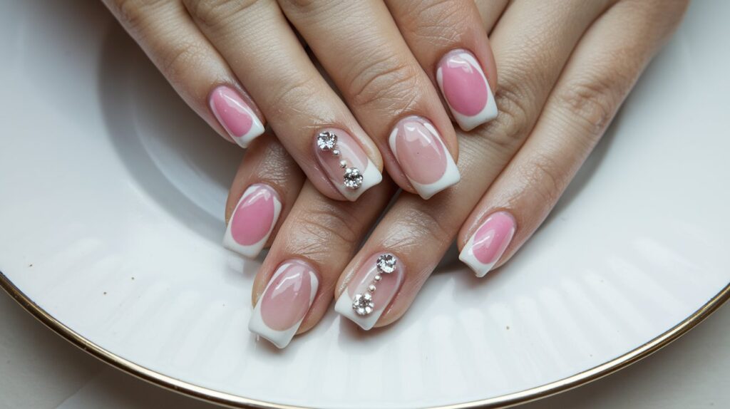 A photo of beautiful nails after a manicure. The nails have a pink and white French manicure style with a glossy finish. There are also small, round white diamonds on each nail. The nails are placed on a white plate. The background is clean and white.