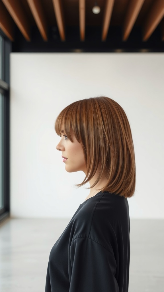 A woman with a blunt butterfly haircut and side part, showcasing a sleek and modern look.