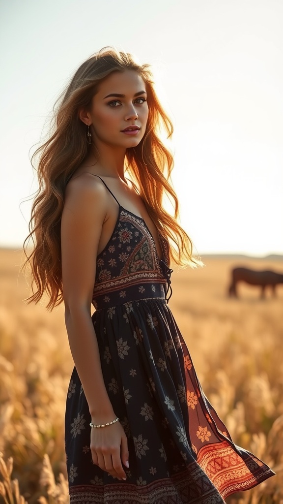 A young woman with layered hair in a bohemian dress, standing in a sunlit field