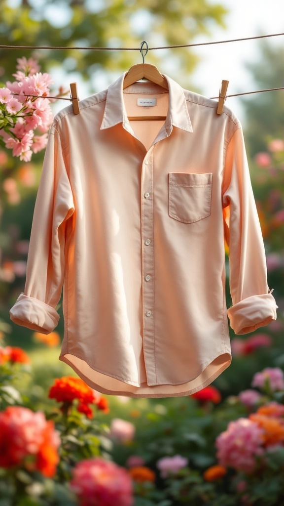 A peach-colored button-up shirt hanging in a garden filled with colorful flowers.