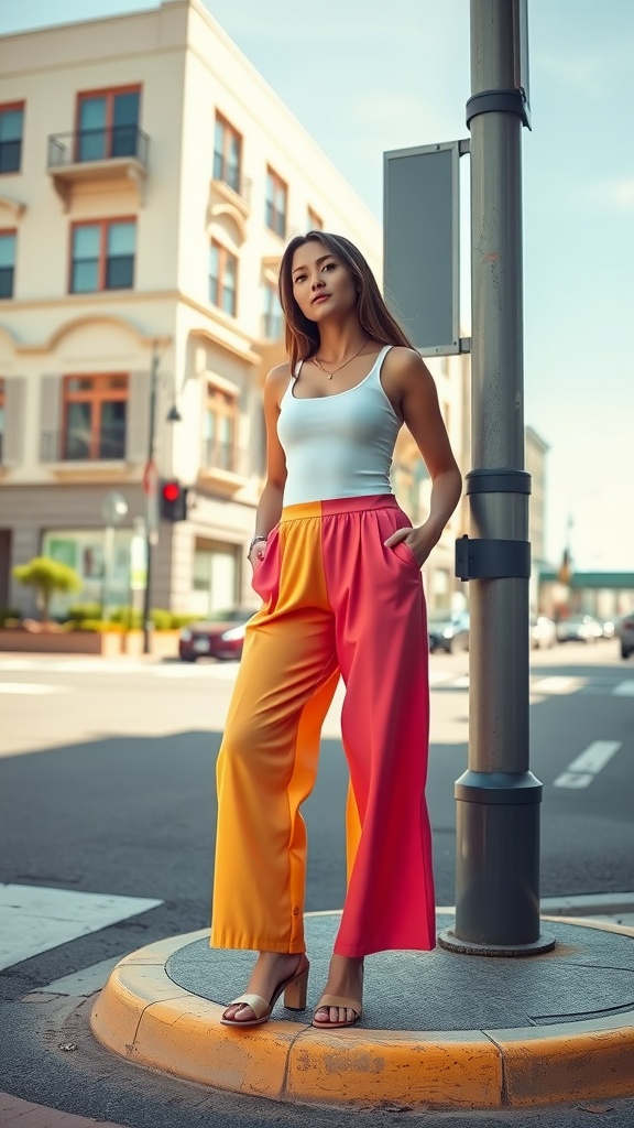 A woman stands confidently in brightly colored culottes and a tank top, showcasing a stylish spring outfit.