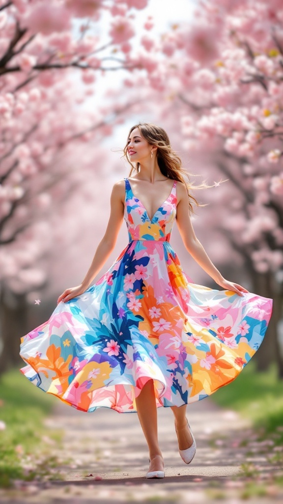 A woman in a bright orange midi dress twirling in a park surrounded by cherry blossom trees.