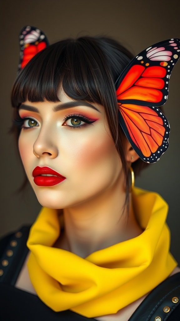 A model showcasing a butterfly cut hairstyle with bangs, featuring vibrant makeup and butterfly accessories.