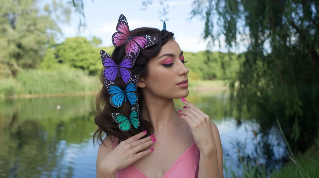 A photo of a woman with a butterfly-inspired hairstyle. She has multiple colored butterflies attached to her hair. The butterflies have a gradient of pink, purple, blue, and green. The woman is wearing a pink dress and has pink nails. She is posing outdoors near a body of water. The background is serene with lush greenery and a clear sky.