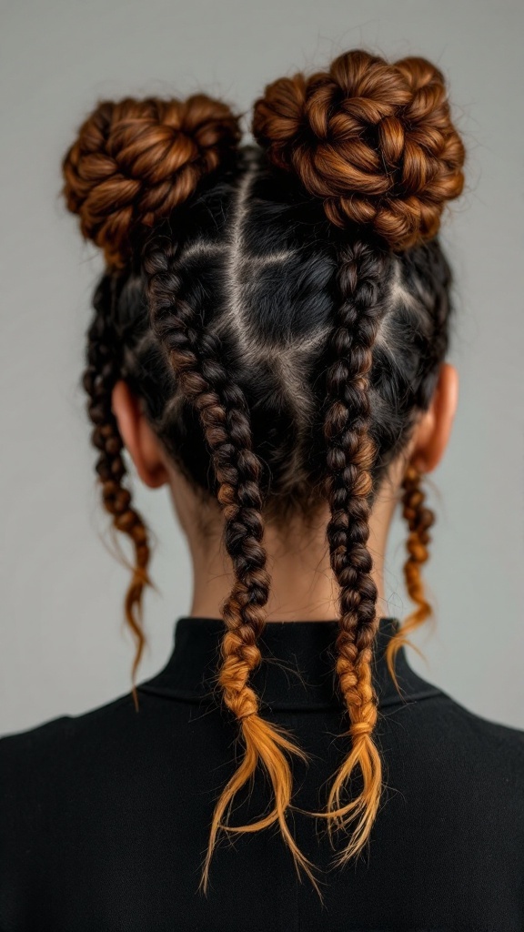 Back view of a hairstyle featuring caramel ombre Bantu knots and braids.