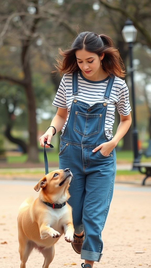 A young woman walking her dog in a park, wearing denim overalls and a striped t-shirt.