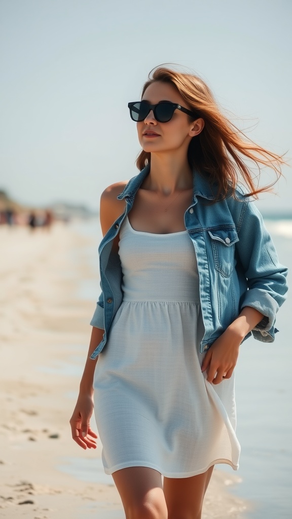 Woman wearing a white tank dress and denim jacket, walking along a beach.