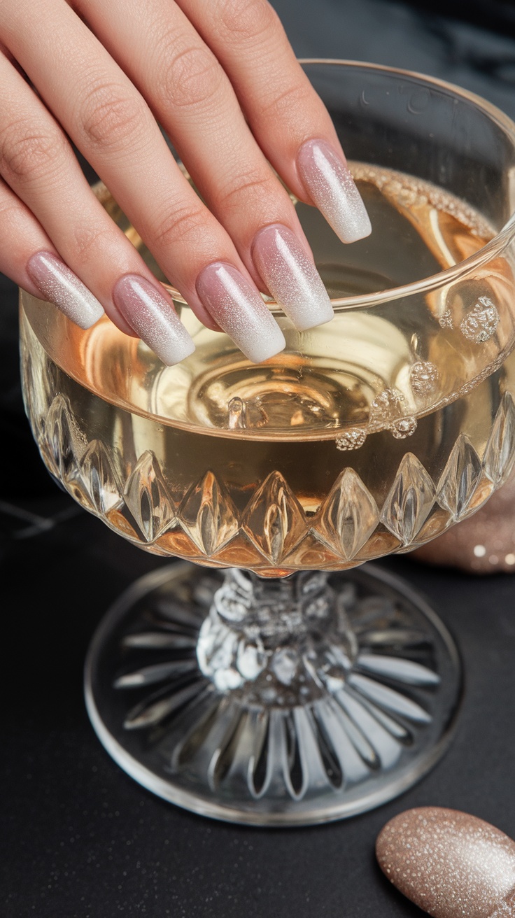 A hand with champagne glitter fade nails resting on a glass of champagne.